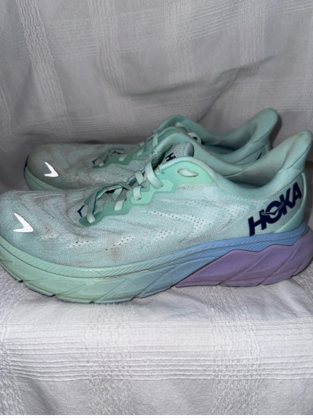 Hoka Women's Mint Green Sneakers with Lavender Heel size 8B worn a bit
